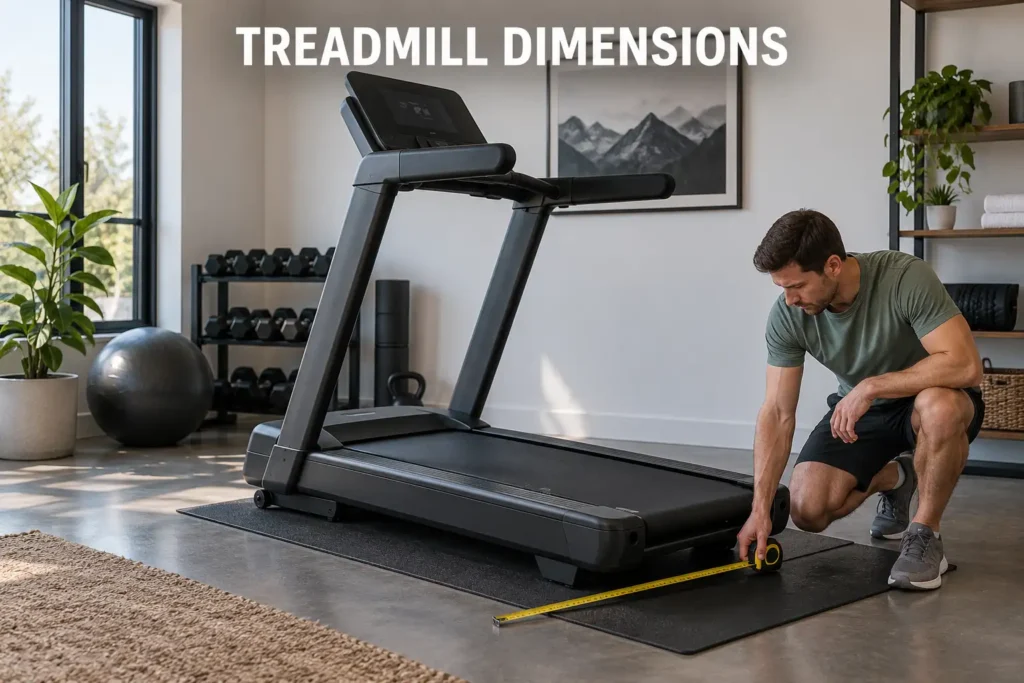 Man measuring a treadmill with a tape measure in a modern home gym.