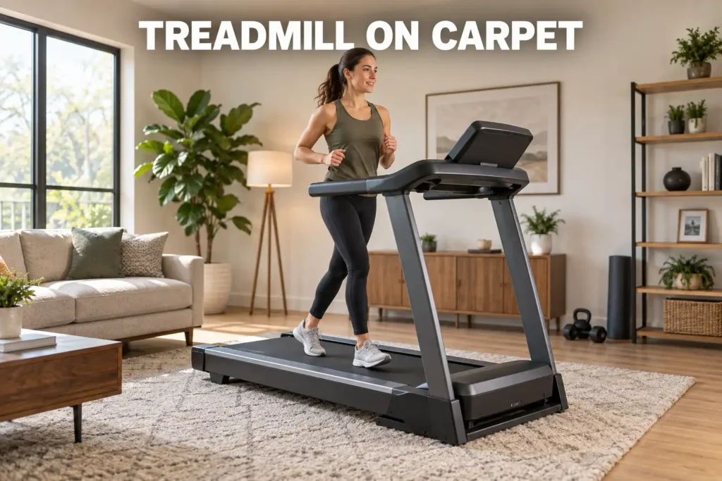 A woman jogging on a treadmill placed on carpet in a cozy living room.