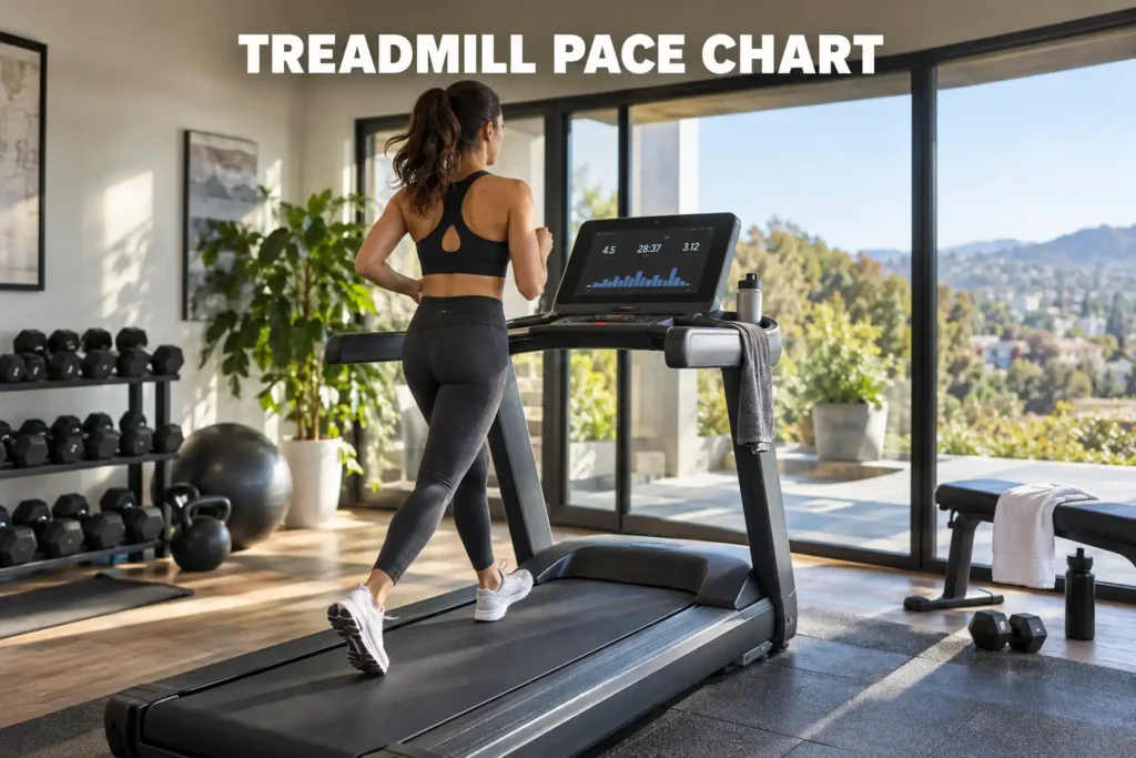 A woman running on a treadmill with pace metrics displayed in a bright modern home gym.