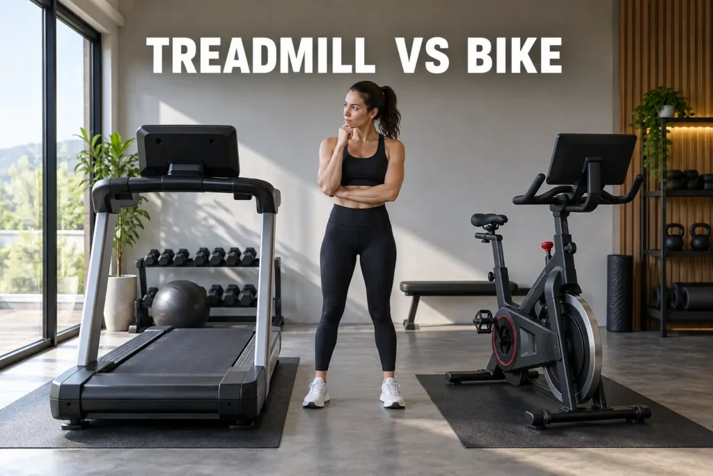 Woman standing between a treadmill and exercise bike in a modern home gym.