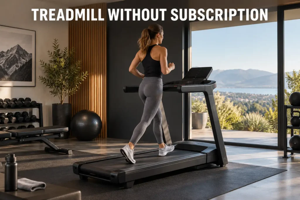 Woman running on a treadmill without app-based subscription features in a modern home gym.