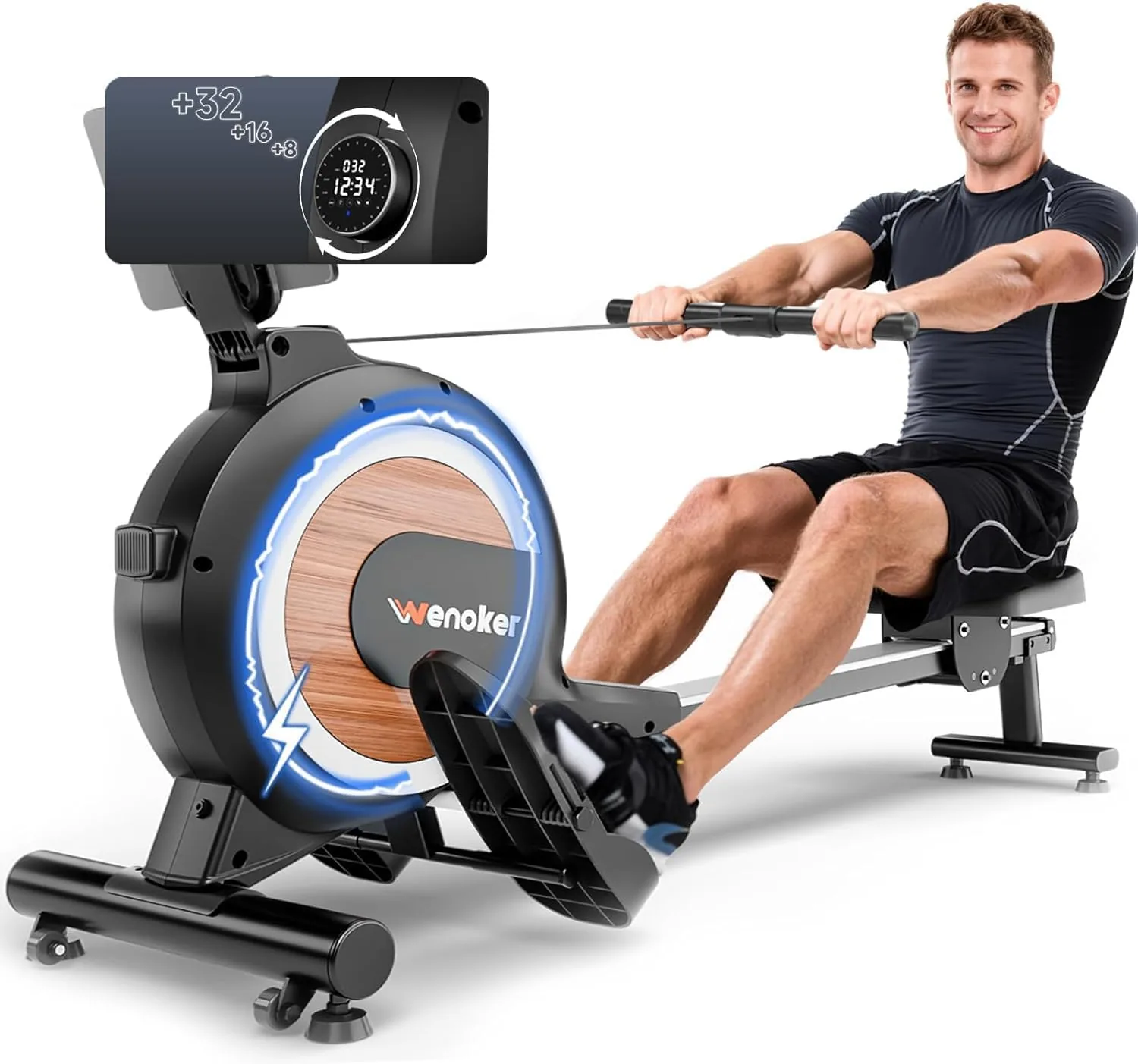 Wenoker magnetic rowing machine with 32 level electronic resistance knob and ergonomic seat