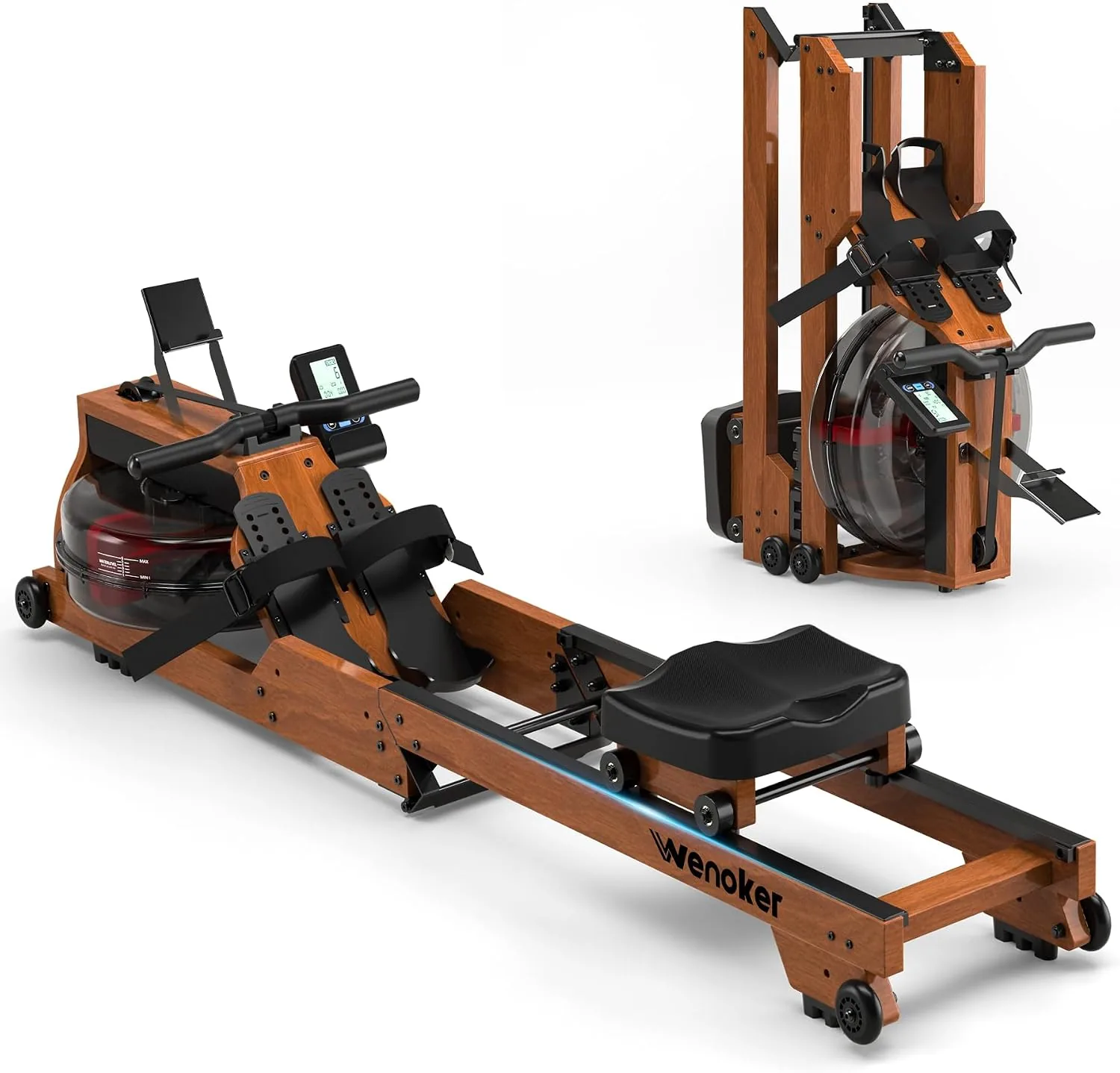 Wenoker foldable water rowing machine with solid wood frame and large water tank