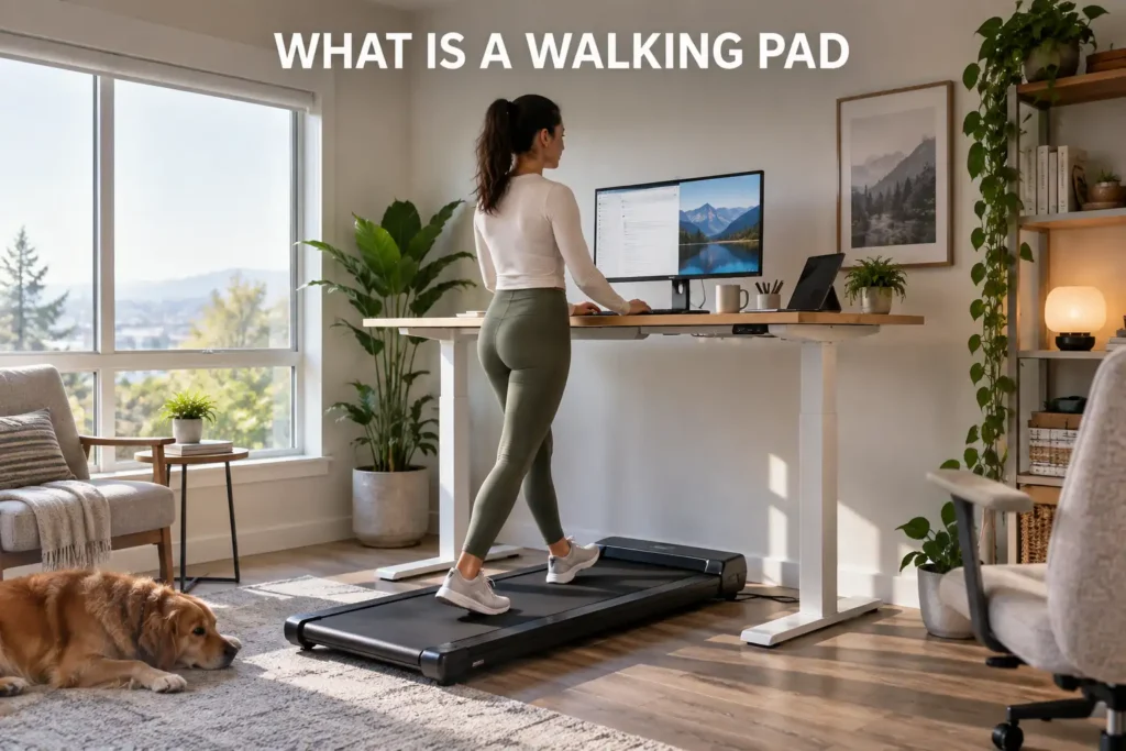 Woman using a walking pad under a standing desk in a bright home office.