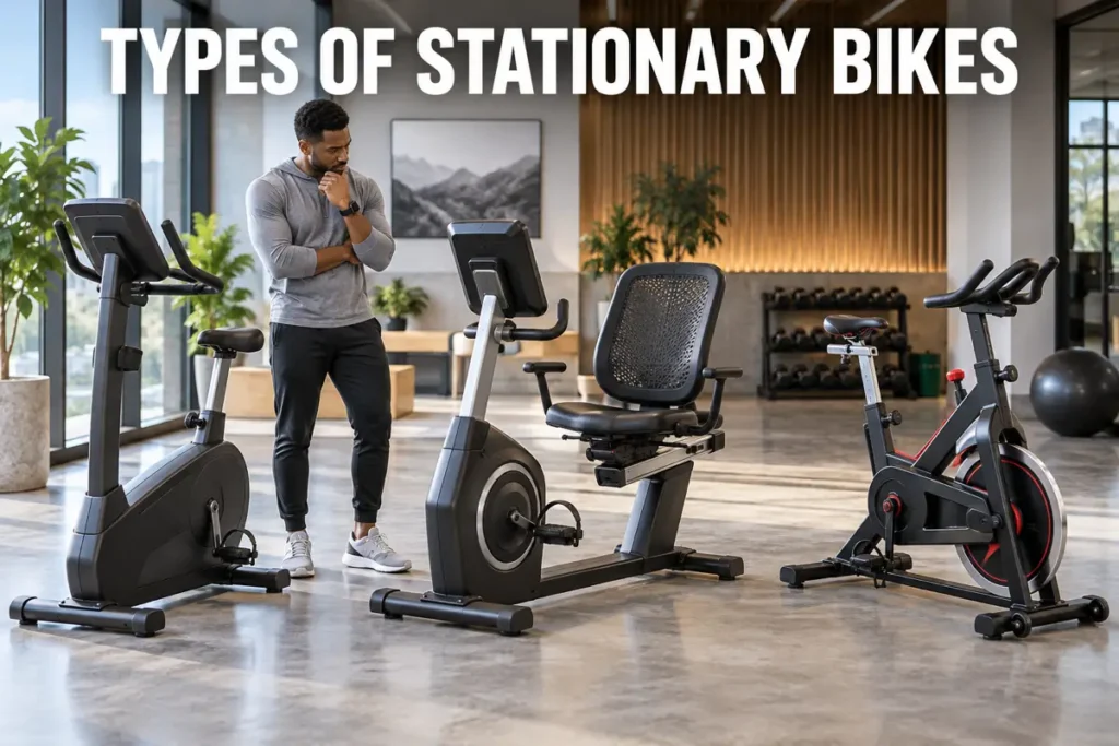 A man comparing upright, recumbent, and spin-style stationary bikes in a modern fitness showroom.