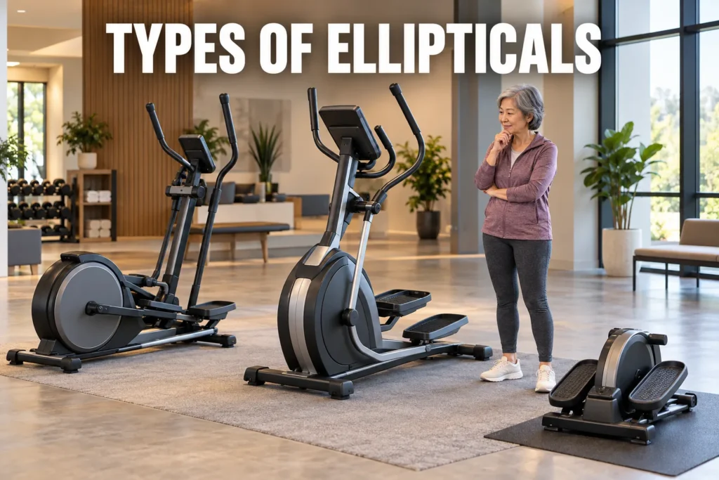 A woman comparing several elliptical machine styles in a modern fitness showroom.