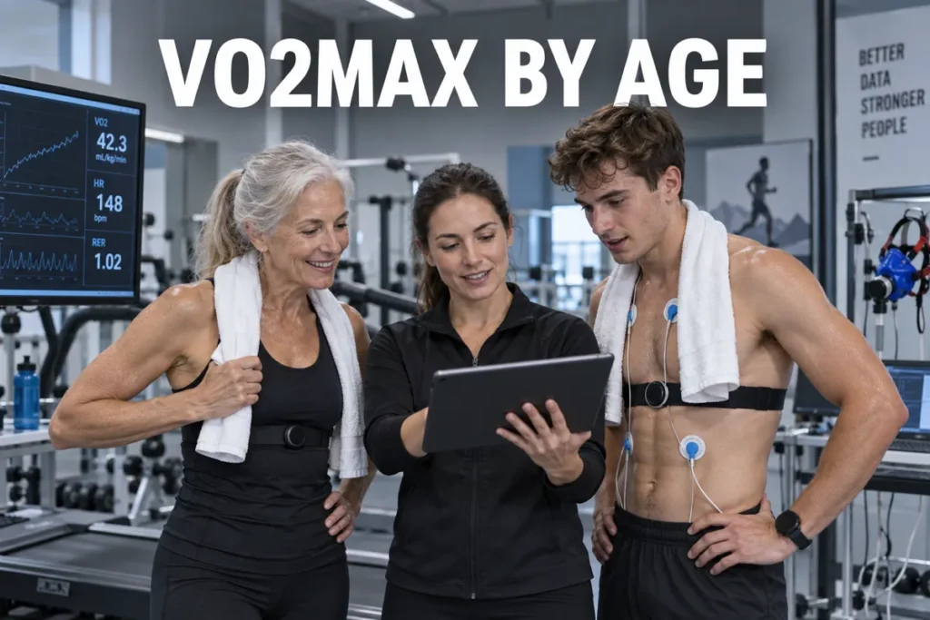 An older woman and a younger man reviewing VO2 max test results with a trainer in a sports lab.
