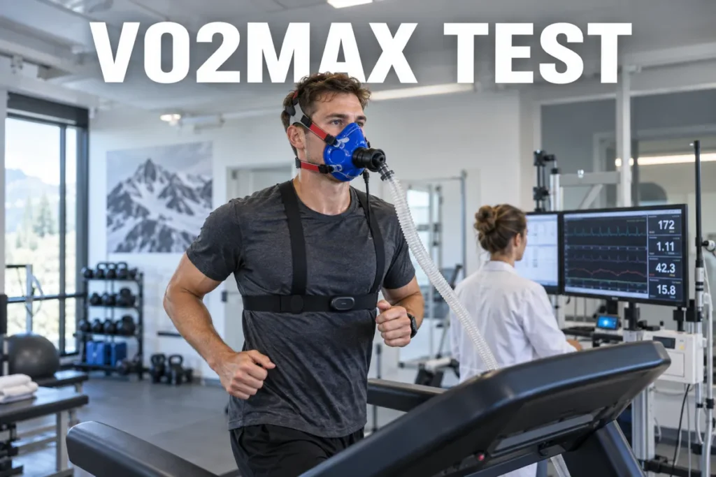 An athlete performing a VO2 max test in a sports lab while wearing a breathing mask.