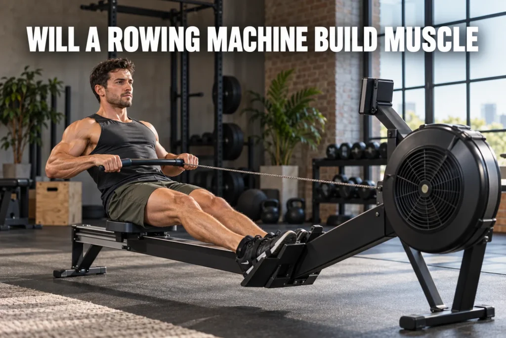 A man using a rowing machine in a modern gym during a strength-focused rowing workout.