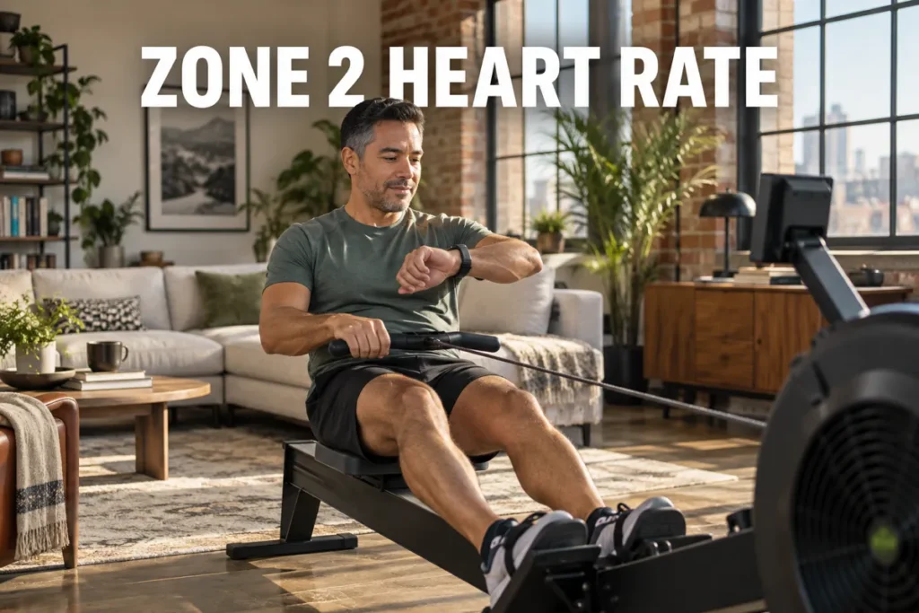 A man checking his smartwatch during a steady rowing workout in a warm home fitness space.