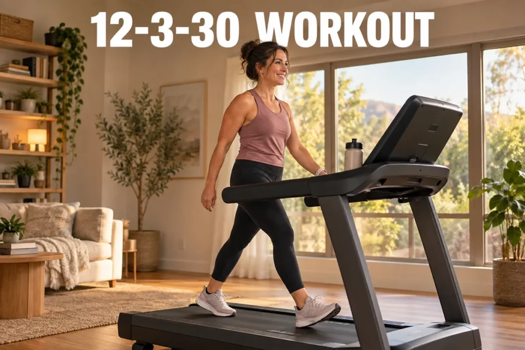 A woman doing an incline treadmill walking workout in a warm home fitness room.