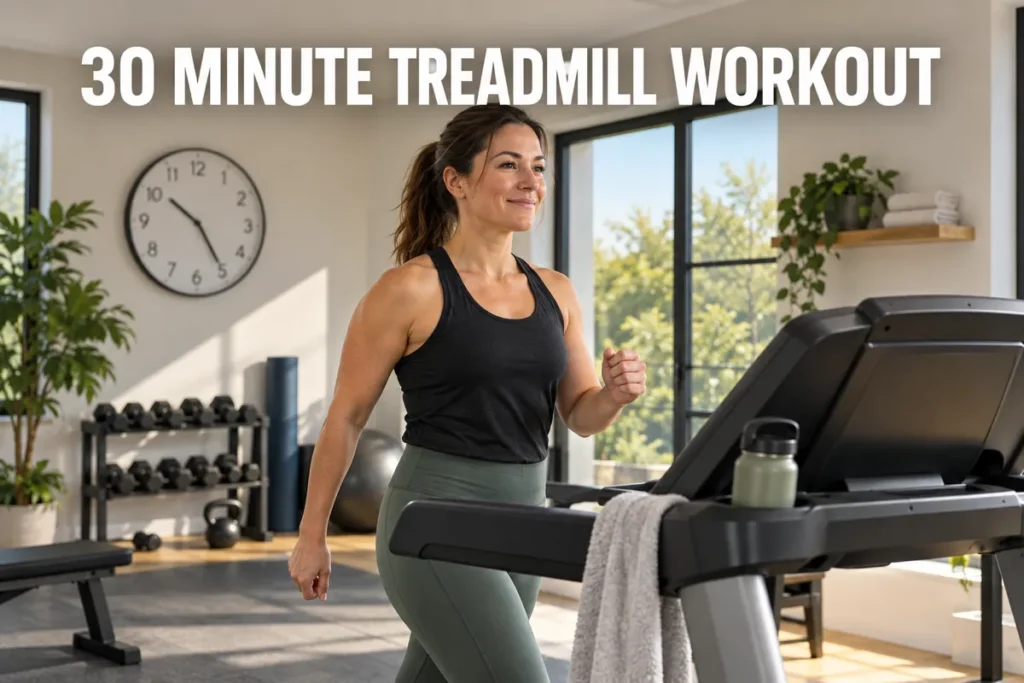A woman walking on a treadmill in a bright home gym with a wall clock in the background.