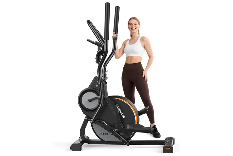 YOSUDA-DSJ-01-Compact-Elliptical YOSUDA 3-in-1 compact elliptical machine with moving handlebars, orange-trimmed flywheel housing and front transport wheels