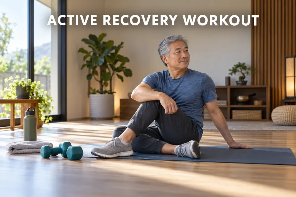 An older man stretching on a workout mat during an active recovery session at home.