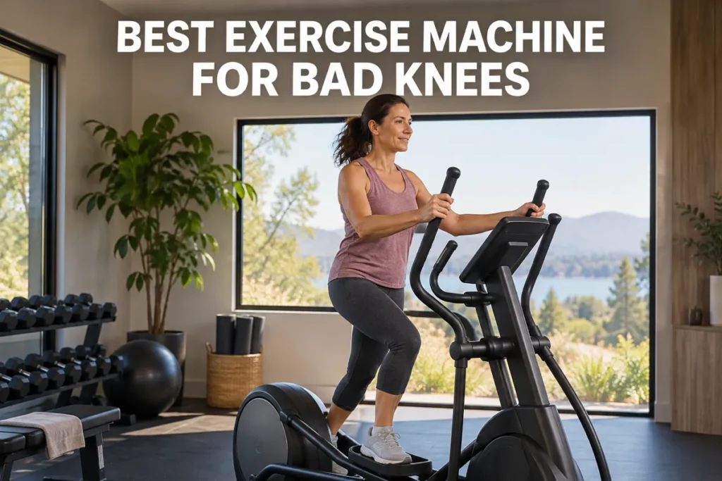 A woman using an elliptical machine for a knee-friendly cardio workout in a home gym.