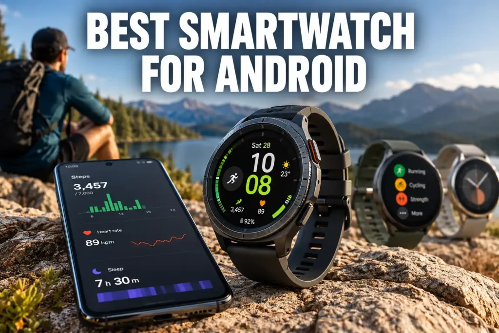 Android-compatible smartwatch and fitness phone app displayed outdoors with mountain scenery and additional smartwatches in the background.