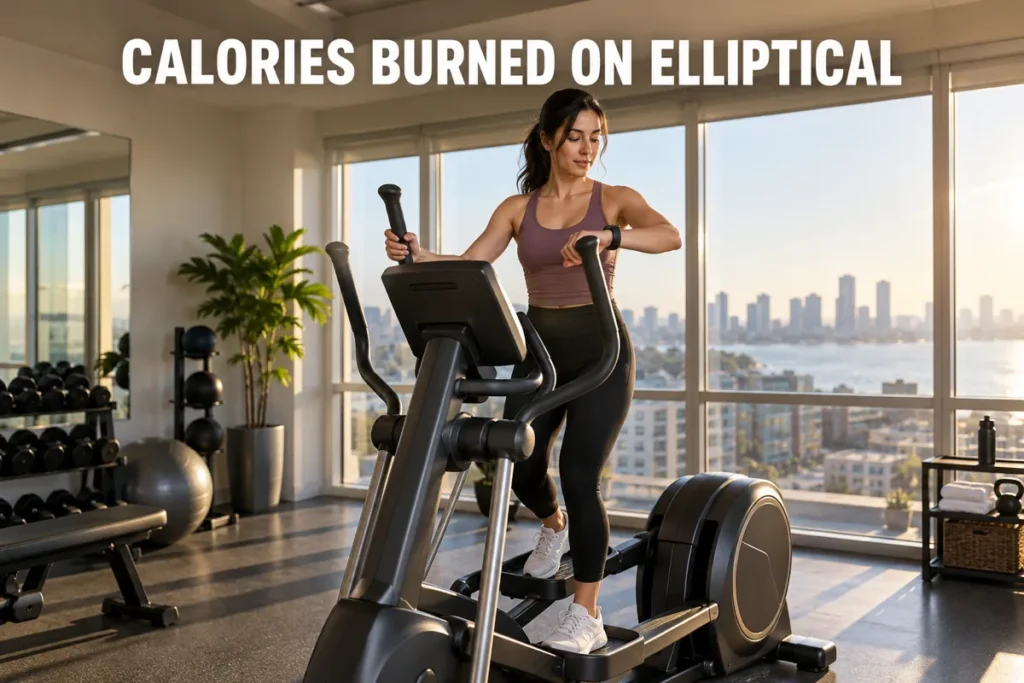 A woman checking her fitness watch while exercising on an elliptical in a bright home gym.