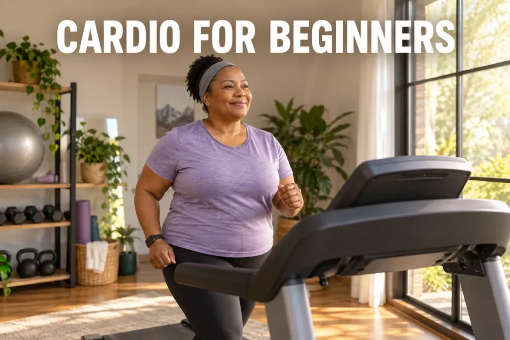 A woman walking on a treadmill in a bright home gym.