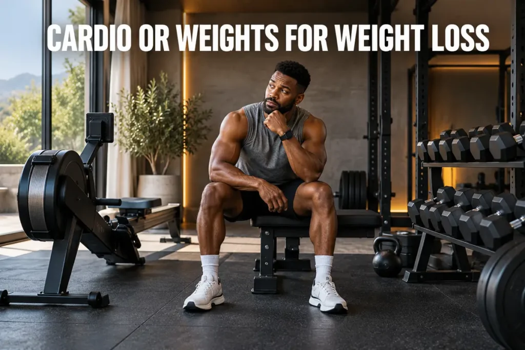 A man sitting between a rowing machine and dumbbells while comparing cardio and strength training.