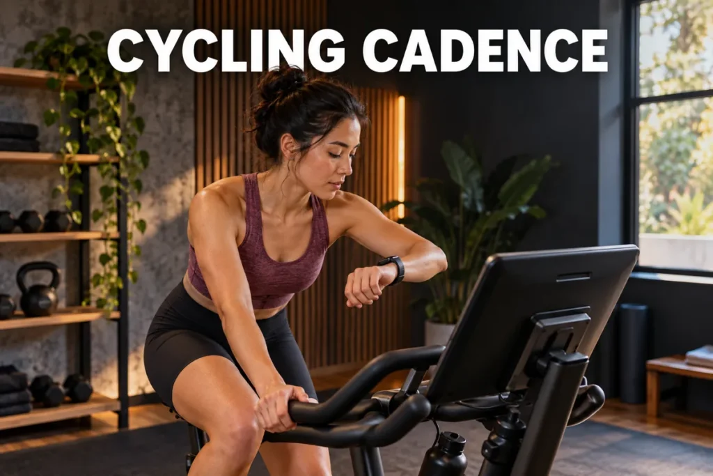A woman checking her fitness watch while riding an exercise bike in a home gym.