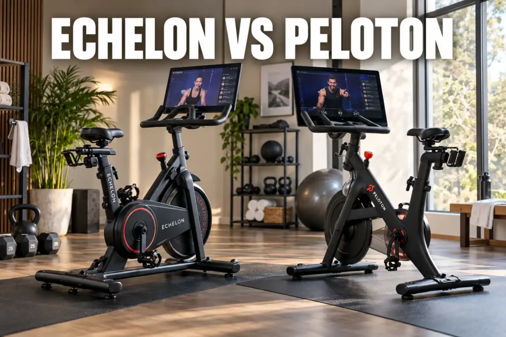 Echelon-style and Peloton-style exercise bikes side by side in a modern home gym for a connected bike comparison.