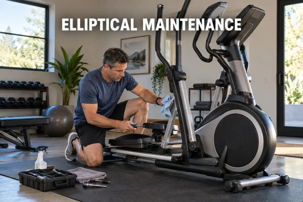 A man cleaning and adjusting an elliptical machine in a modern home gym.