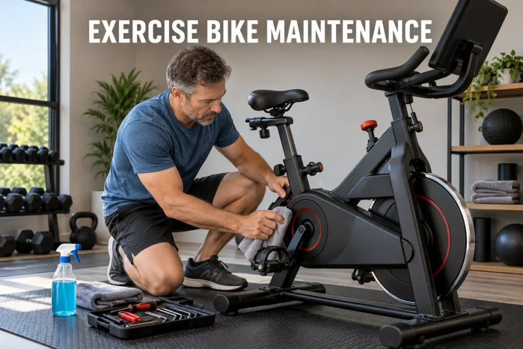 A man cleaning and adjusting an exercise bike in a modern home gym.