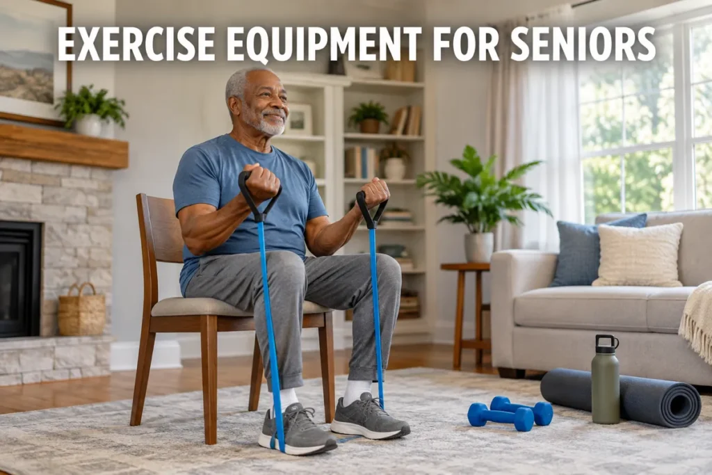An older man using resistance bands while seated in a comfortable home workout space.