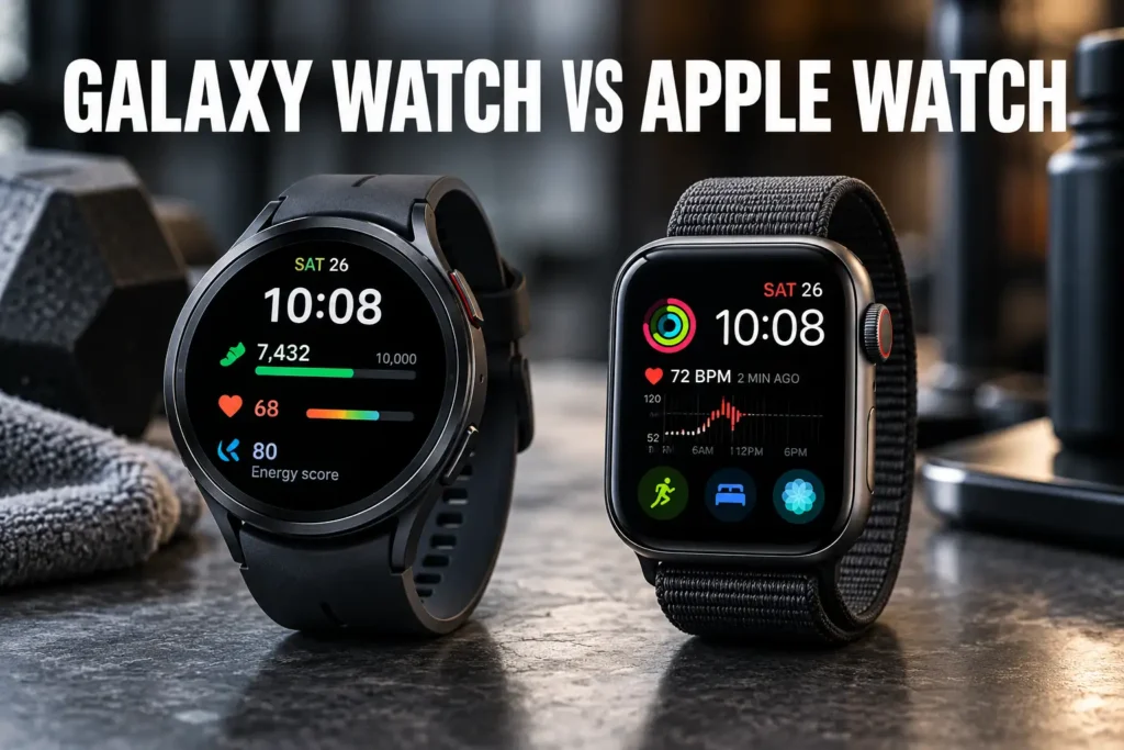 Galaxy Watch-style round smartwatch and Apple Watch-style rectangular smartwatch displayed side by side with fitness metrics on screen.