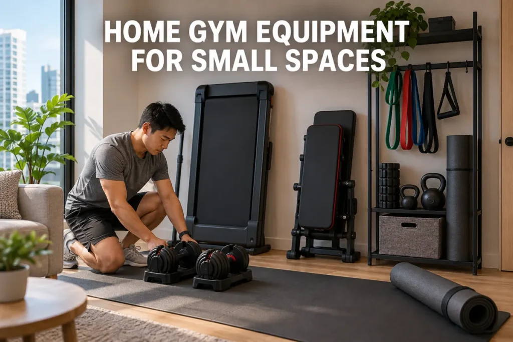 A man organizing compact home gym equipment in a small apartment workout area.
