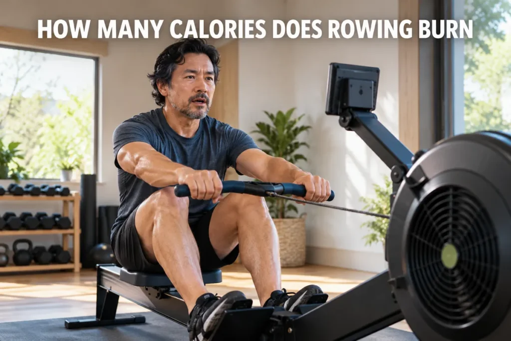 A man using a rowing machine in a bright home gym.