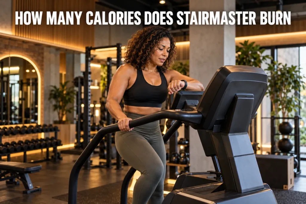A woman checking her fitness watch while exercising on a StairMaster.