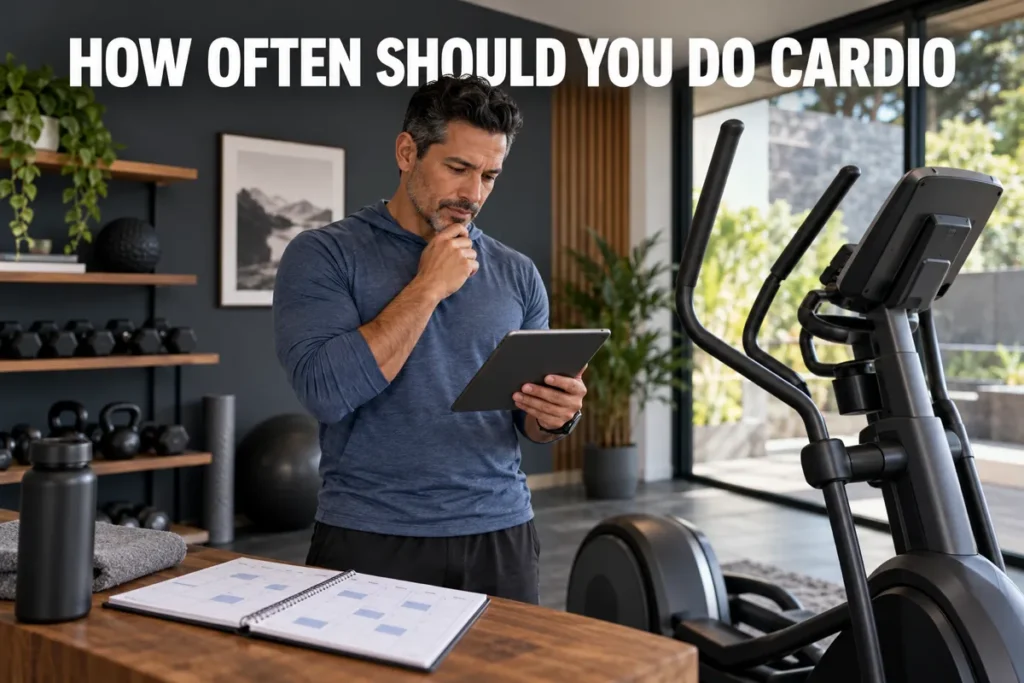 A man planning a weekly cardio schedule on a tablet beside an elliptical machine.