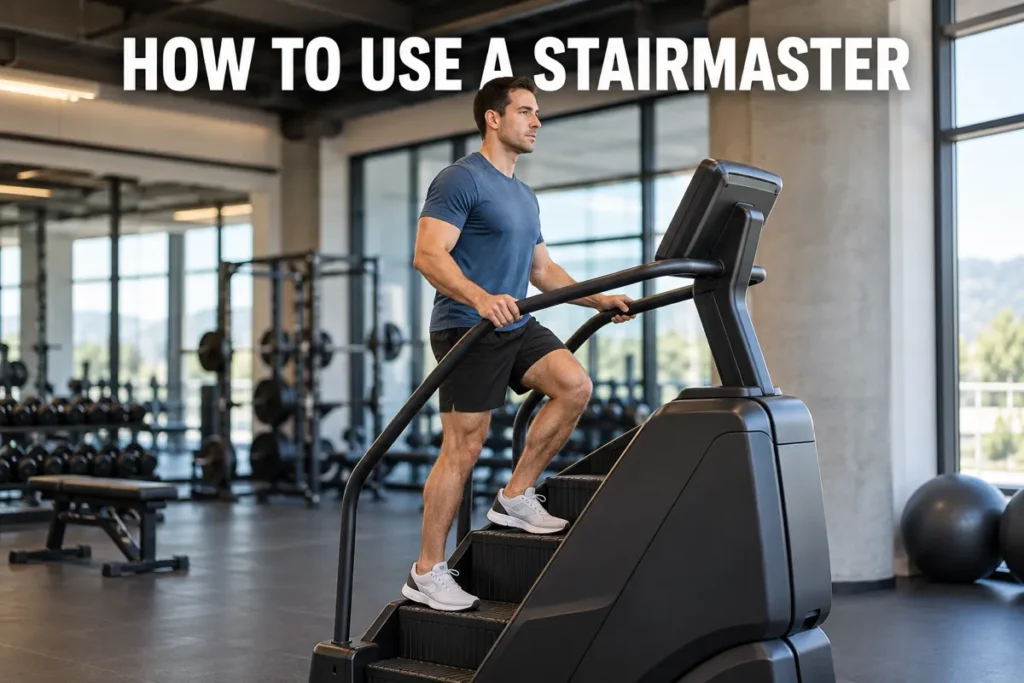 A man using a StairMaster with steady form in a modern gym.