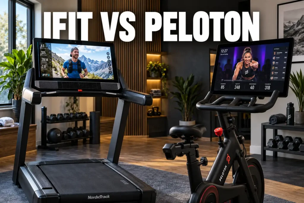 iFIT-enabled treadmill and Peloton-style exercise bike displayed in a premium home gym for a connected fitness comparison.