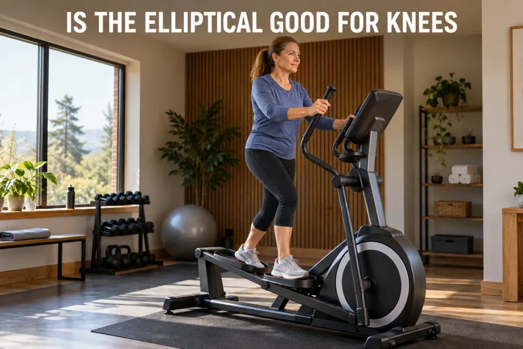A woman using an elliptical machine in a home gym for a low-impact cardio workout.