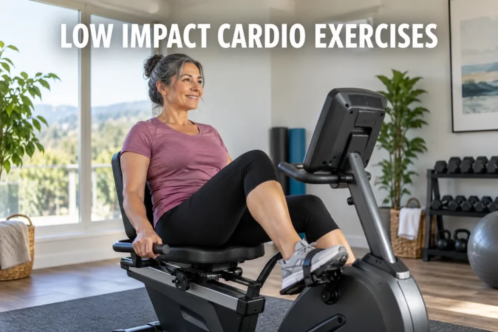 An older woman using a recumbent bike for a low-impact cardio workout in a bright home gym.
