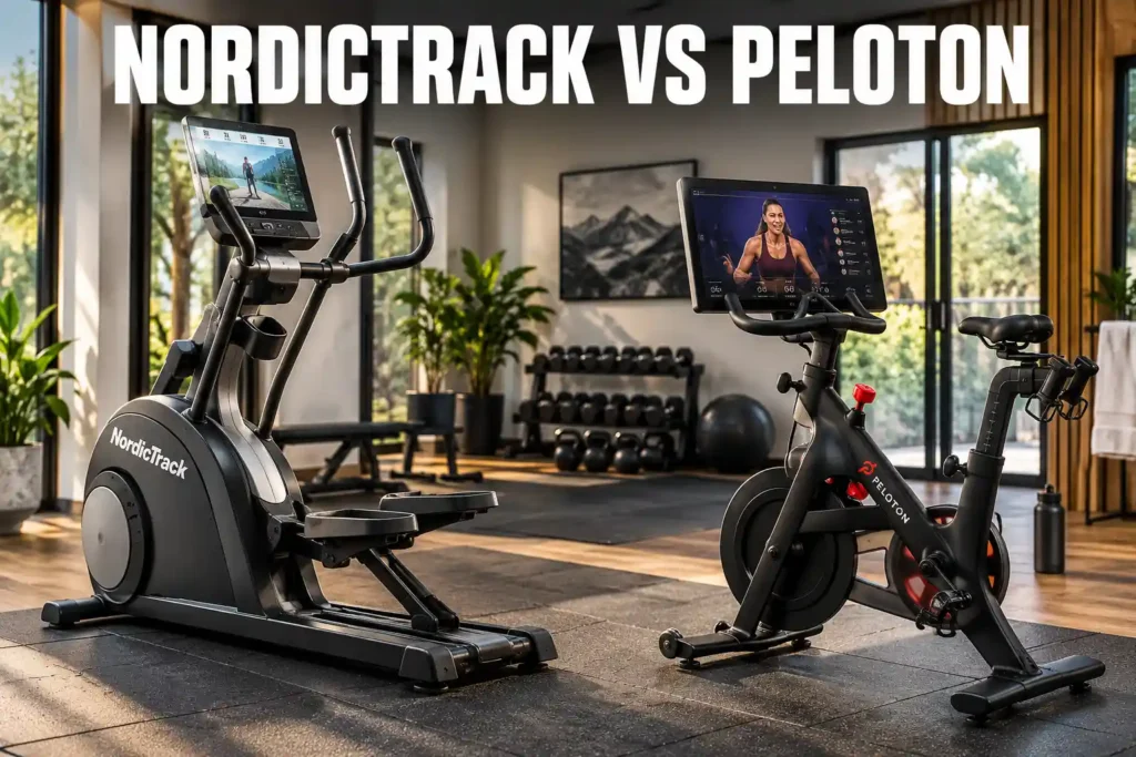 NordicTrack-style elliptical and Peloton-style exercise bike shown side by side in a bright modern home gym.