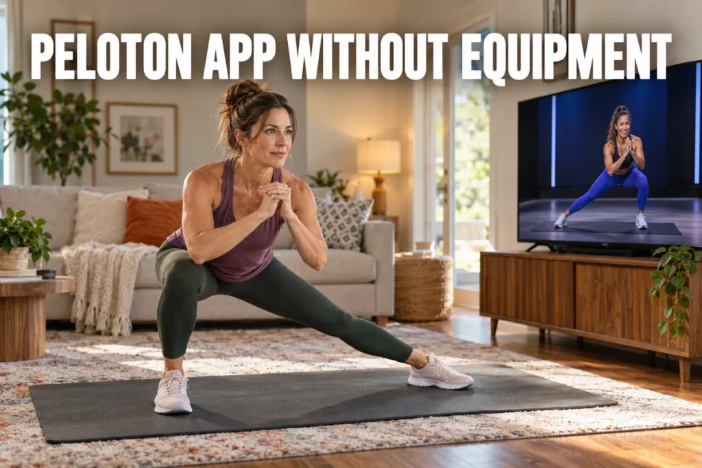 A woman following an app-based bodyweight workout on a TV in a living room.