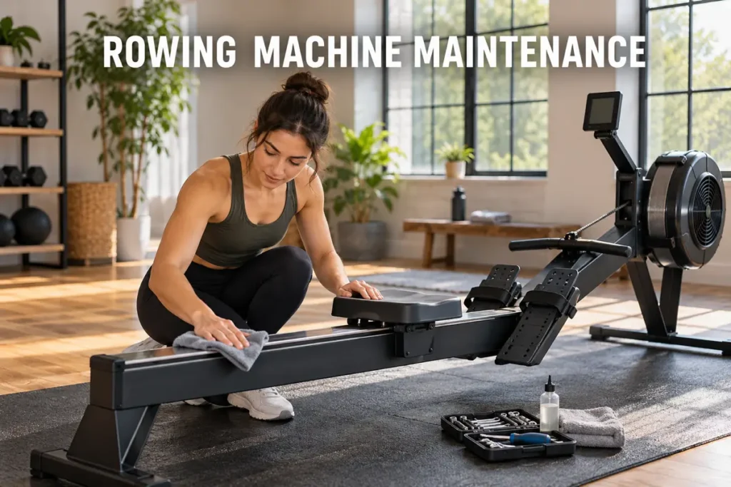 A woman wiping and maintaining a rowing machine in a bright home workout space.