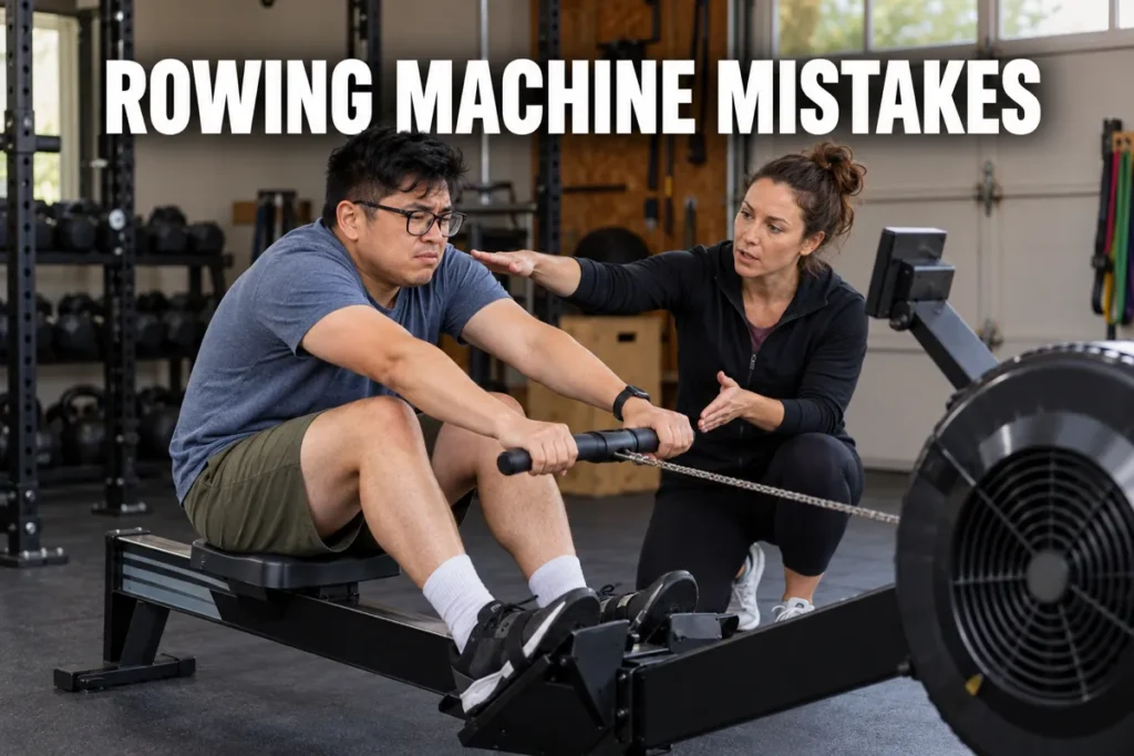 A coach correcting a man's rowing machine form in a garage gym.