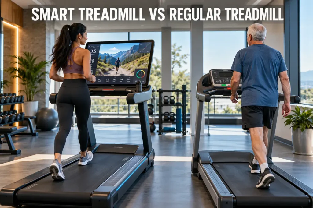 A woman using a smart treadmill beside an older man using a regular treadmill in a modern gym.