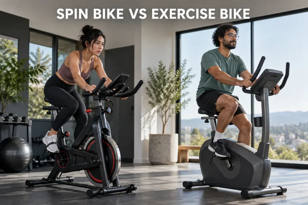 A woman riding a spin bike beside a man riding an upright exercise bike in a modern gym.