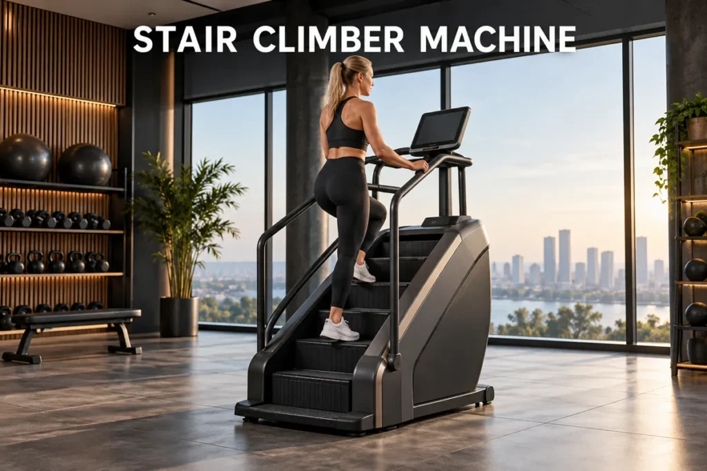 A woman using a stair climber machine in a modern fitness studio.