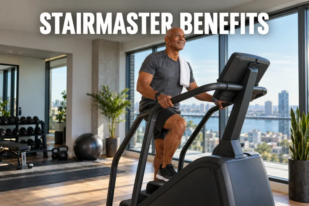 An older man using a StairMaster in a bright gym with city views.