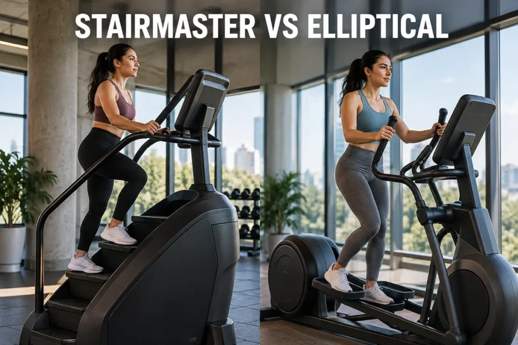 A side-by-side comparison of a woman using a StairMaster and an elliptical machine in a bright gym.