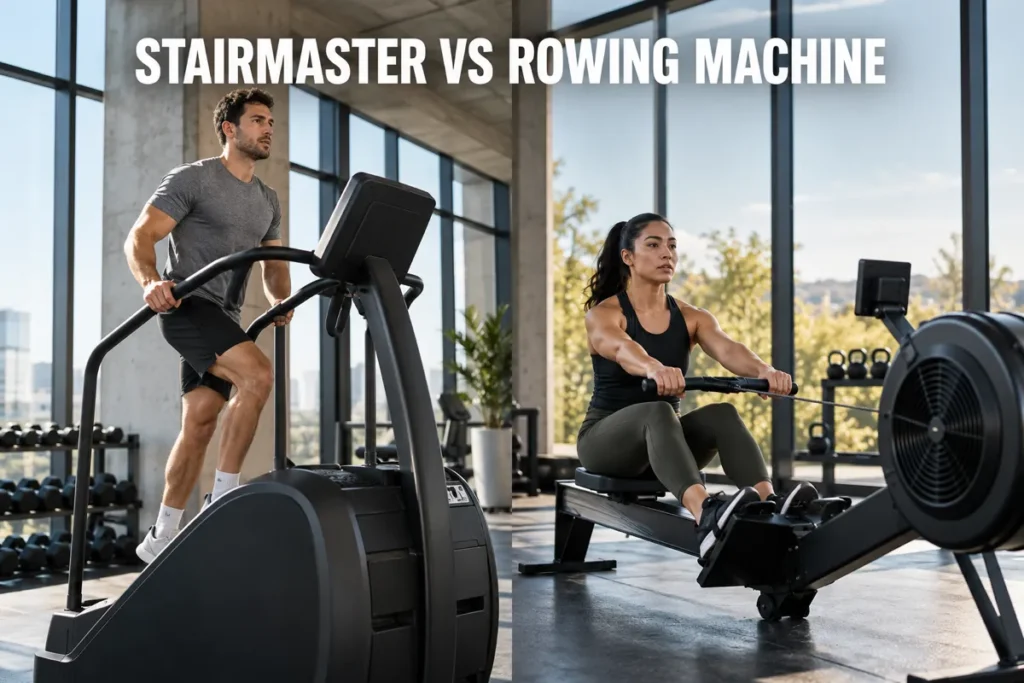 A man using a StairMaster beside a woman using a rowing machine in a modern gym.