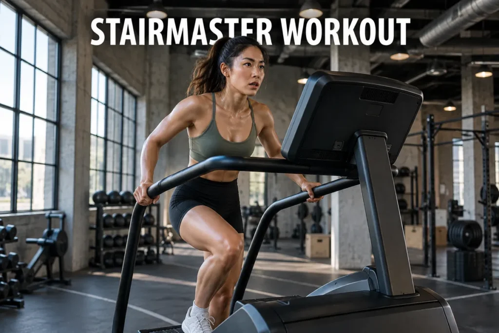 A woman doing a focused StairMaster workout in an industrial-style gym.