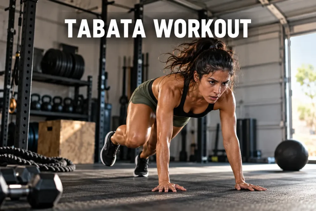 A woman doing an intense bodyweight Tabata workout in a garage gym.