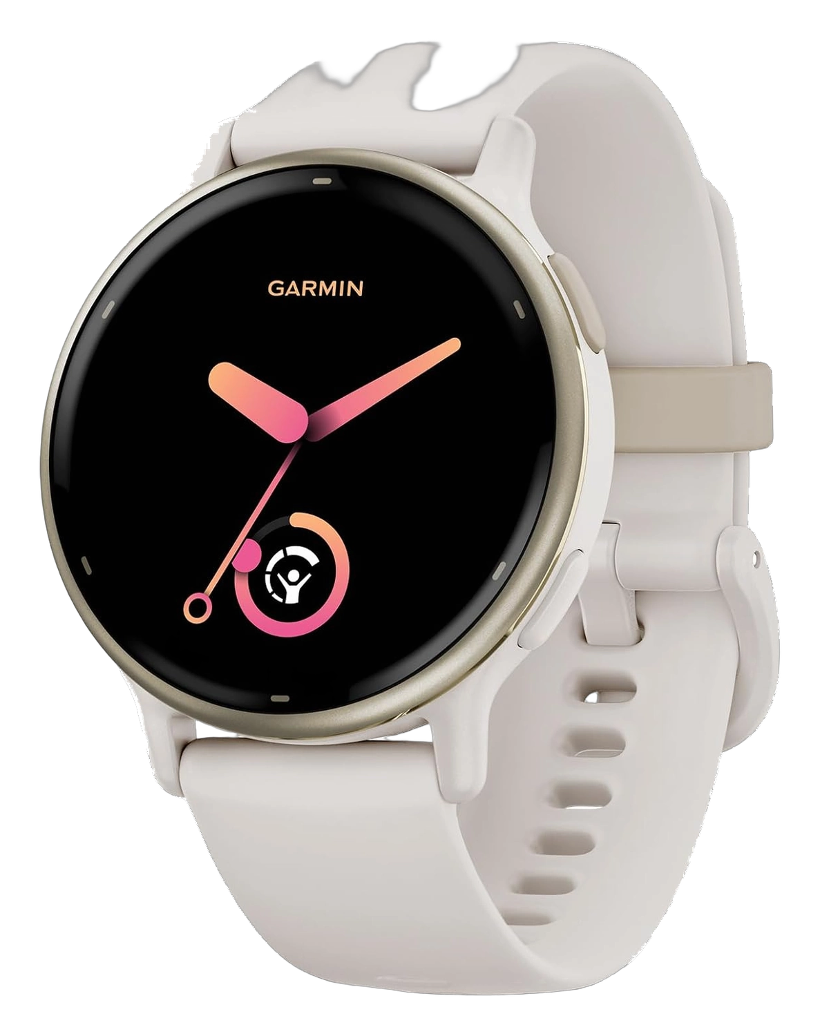 Garmin vivoactive 5 smartwatch with cream band and gold bezel on a white background